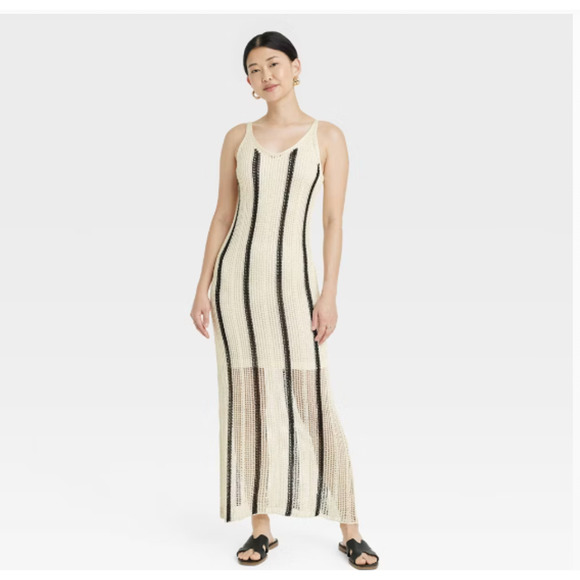A New Day Women's XL Open Work Pointelle Sundress Maxi NWT Cream / Black - Picture 5 of 9